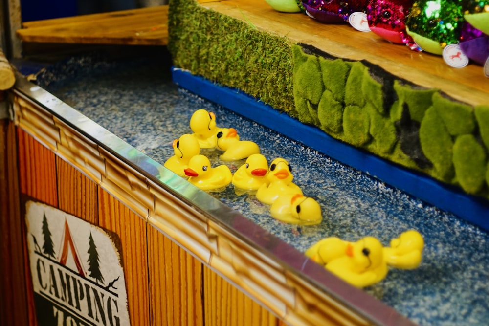 rubber ducks are lined up on a counter
