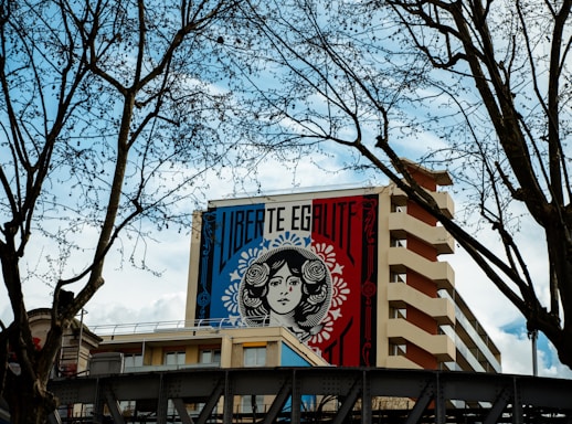 A large mural on a building features a stylized black-and-white illustration of a woman's face framed by decorative patterns and floral motifs. The words 'LIBERTE EGALITE' are boldly printed above the image. Leafless tree branches frame the sides of the scene, with a partly cloudy sky in the background.