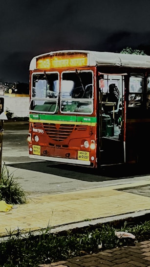 A red public bus is parked on the side of a road at night, with its headlights on and the interior lights reflecting off the windows. A green stripe runs along the side of the bus, and there are signs with writing on the front. The road is bordered by grass and a pavement with a yellow tactile paving strip, while the sky is dark and cloudy.