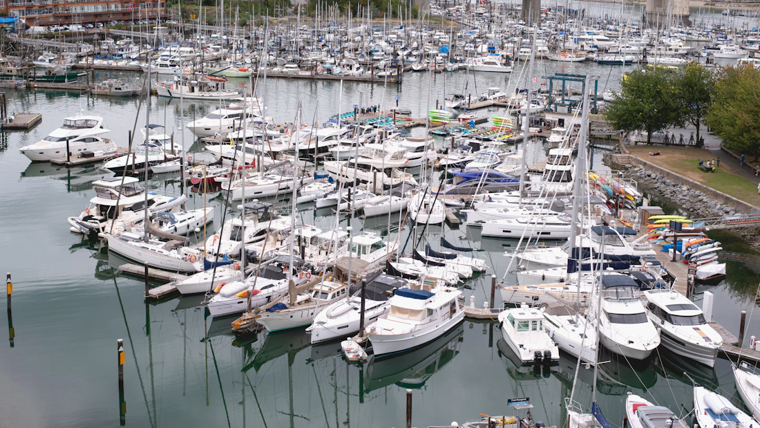 Aerial view of a busy marina with white boats