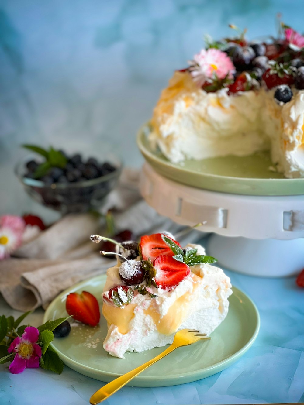 a plate with a piece of cake on top of it