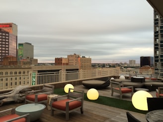 A rooftop terrace with city views and lounge furniture.