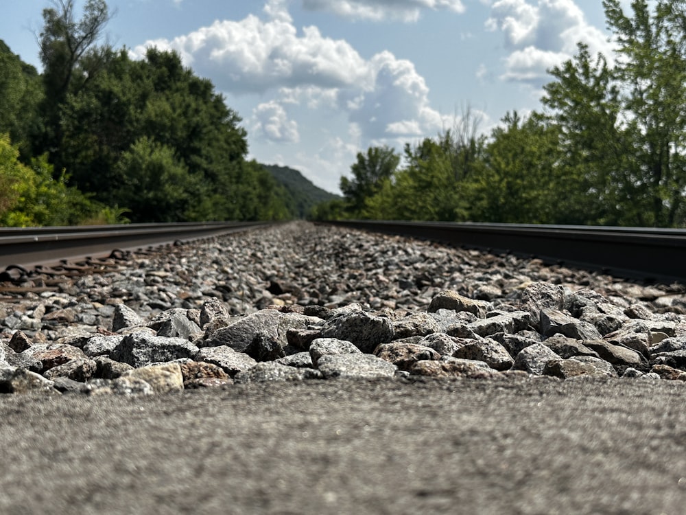 un binario del treno con rocce e alberi sullo sfondo