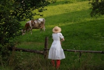 A person wearing a white dress and straw hat stands by a wooden fence, gazing at a brown and white cow grazing in a lush, green field. The scene is set in a rural environment with trees in the background.