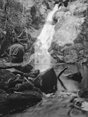 A guest sitting quietly by a creek, reflecting in the calm water surrounded by rainforest.