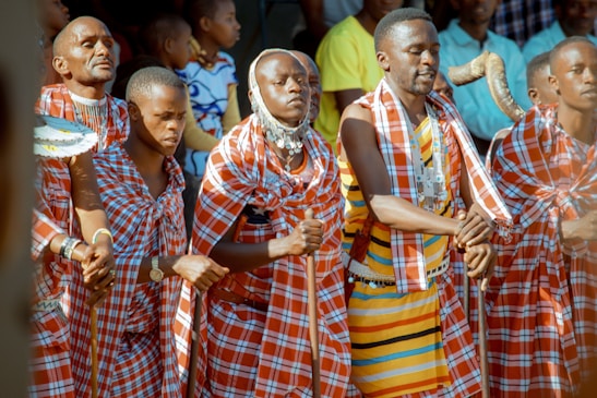A group of people dressed in traditional Maasai attire, featuring red and white checkered patterns, are engaged in a cultural or ceremonial activity. Some individuals are holding sticks, and others are adorned with beadwork. The scene is lively with a backdrop of onlookers.