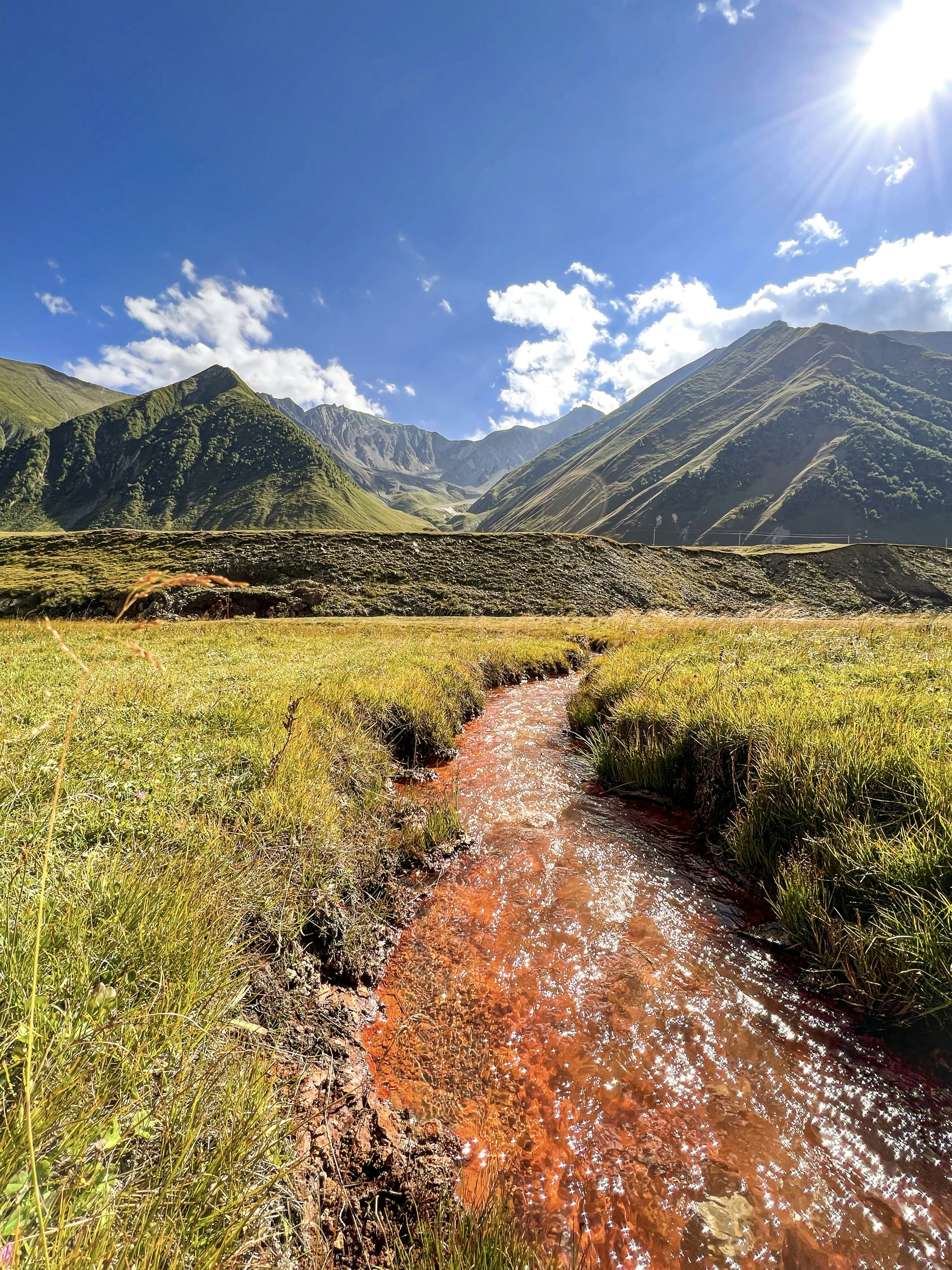 a small stream running through a lush green field
