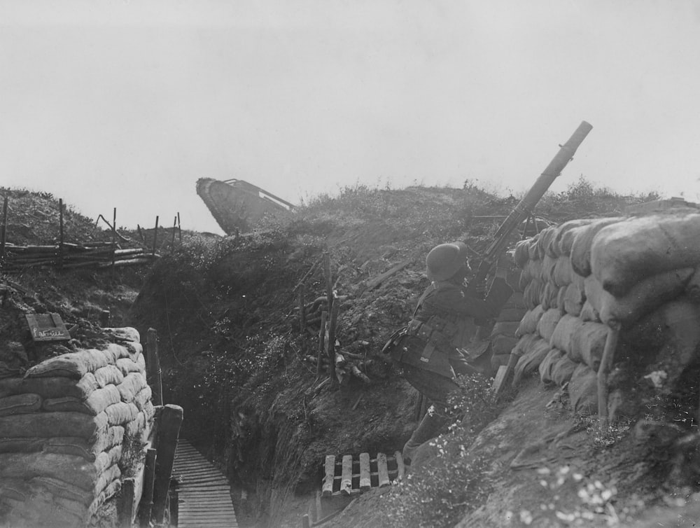 a black and white photo of a trench