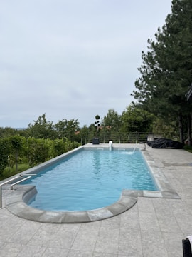 A rectangular swimming pool with clear blue water is surrounded by a tiled patio. Tall pine trees line the right side, providing a natural, lush backdrop. The pool has a step entry, and railings are present on the left side. In the distance, a variety of trees and shrubs add to the greenery, creating a serene and secluded atmosphere.