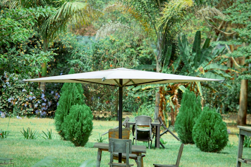 A vibrant patio umbrella providing shade.