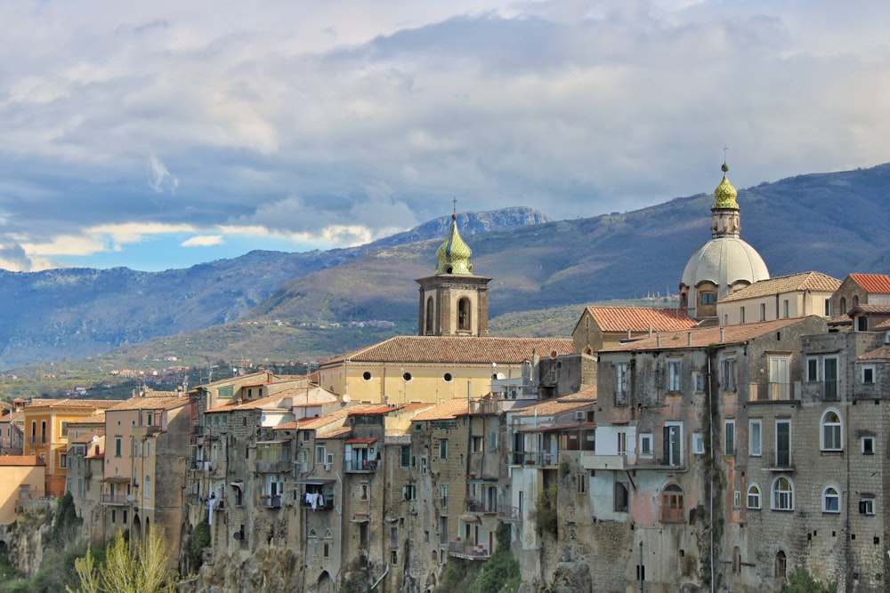 a view of a city with mountains in the background