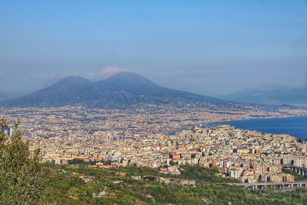 a view of a city with a mountain in the background