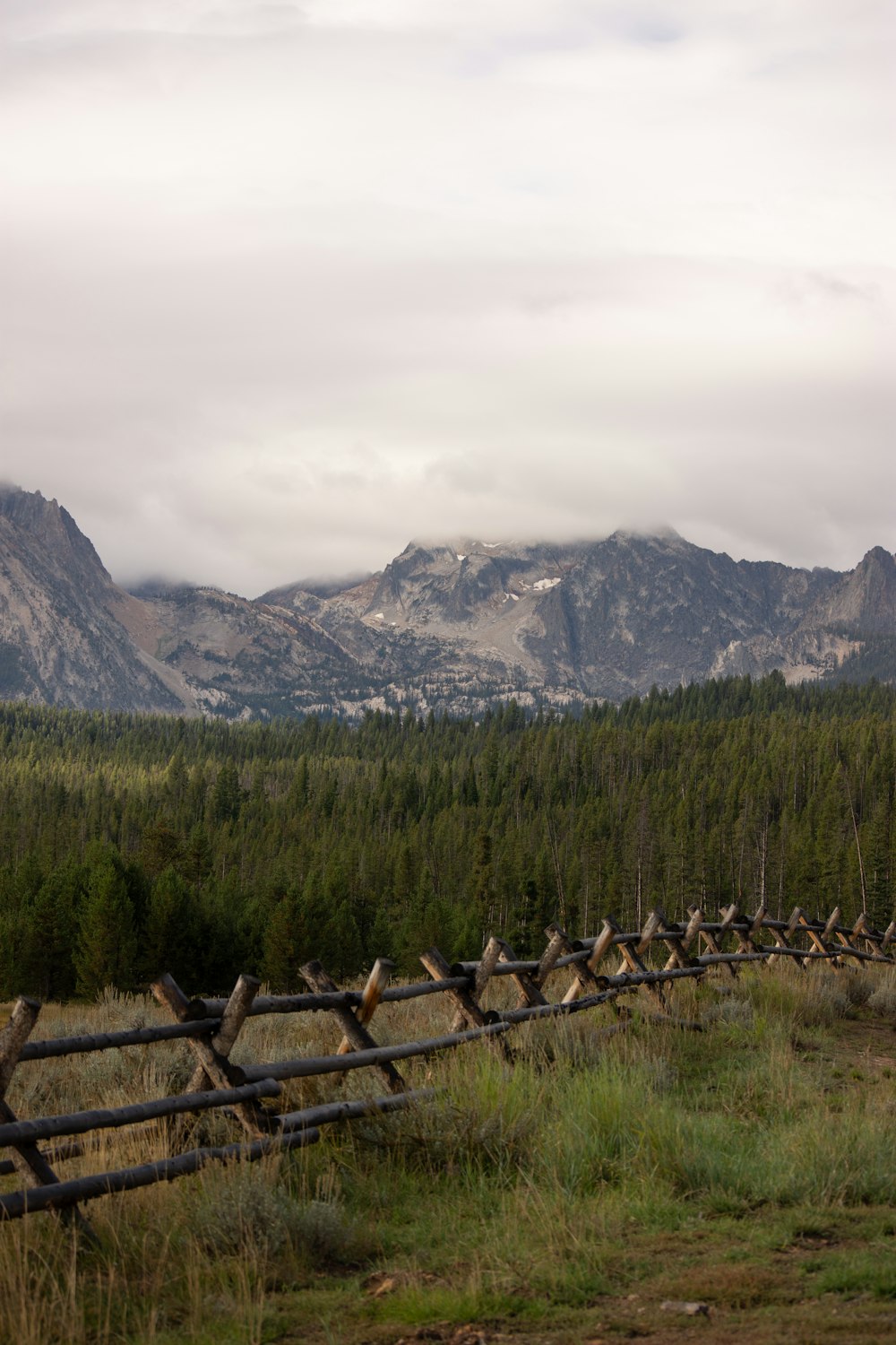 Una valla de madera en un campo con montañas al fondo