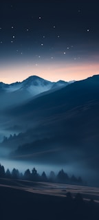 A serene Himalayan mountain range under a starry night sky, with a small momo dumpling icon subtly integrated into the landscape.