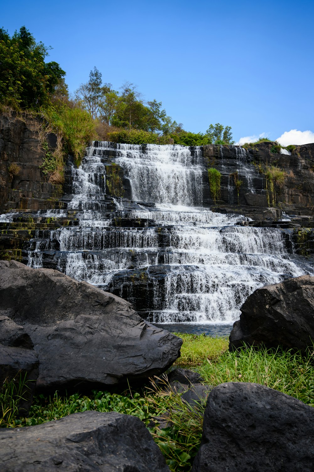 a large waterfall in the middle of a forest