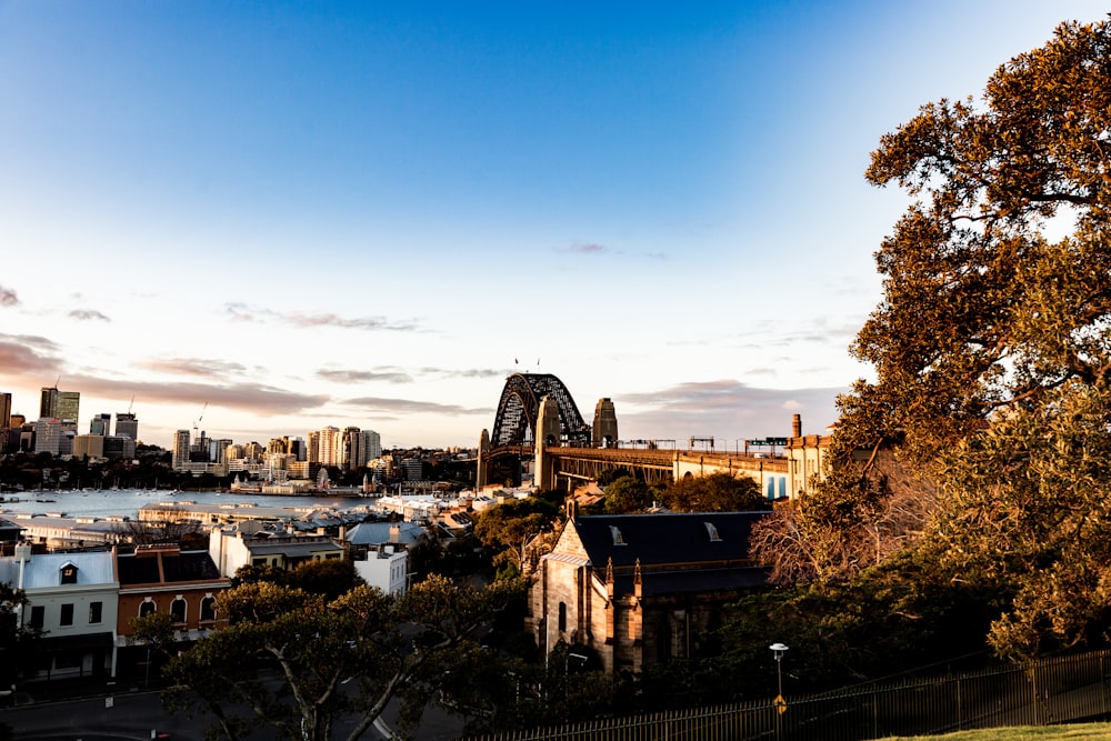 a view of a city with a bridge in the background