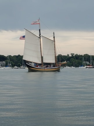 A large sailboat with two prominent sails glides across a calm body of water. Several people are visible on the deck, and the boat features a small American flag alongside another flag. In the background, there are numerous smaller boats anchored near a tree-lined shore under a cloudy sky.