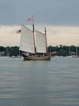A large sailboat with two prominent sails glides across a calm body of water. Several people are visible on the deck, and the boat features a small American flag alongside another flag. In the background, there are numerous smaller boats anchored near a tree-lined shore under a cloudy sky.
