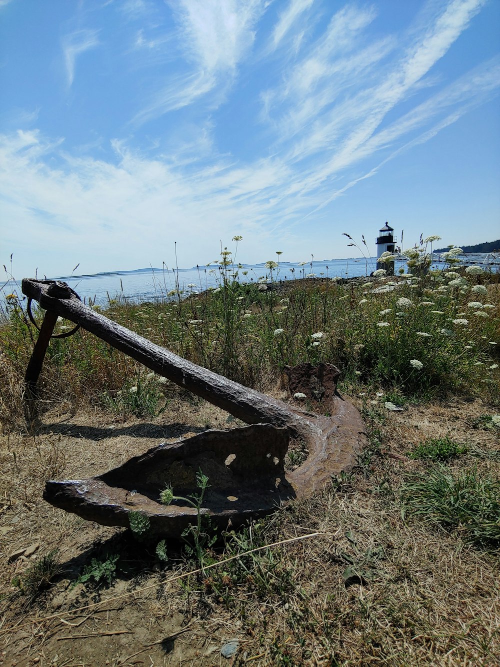 a wooden bench sitting on top of a dirt field