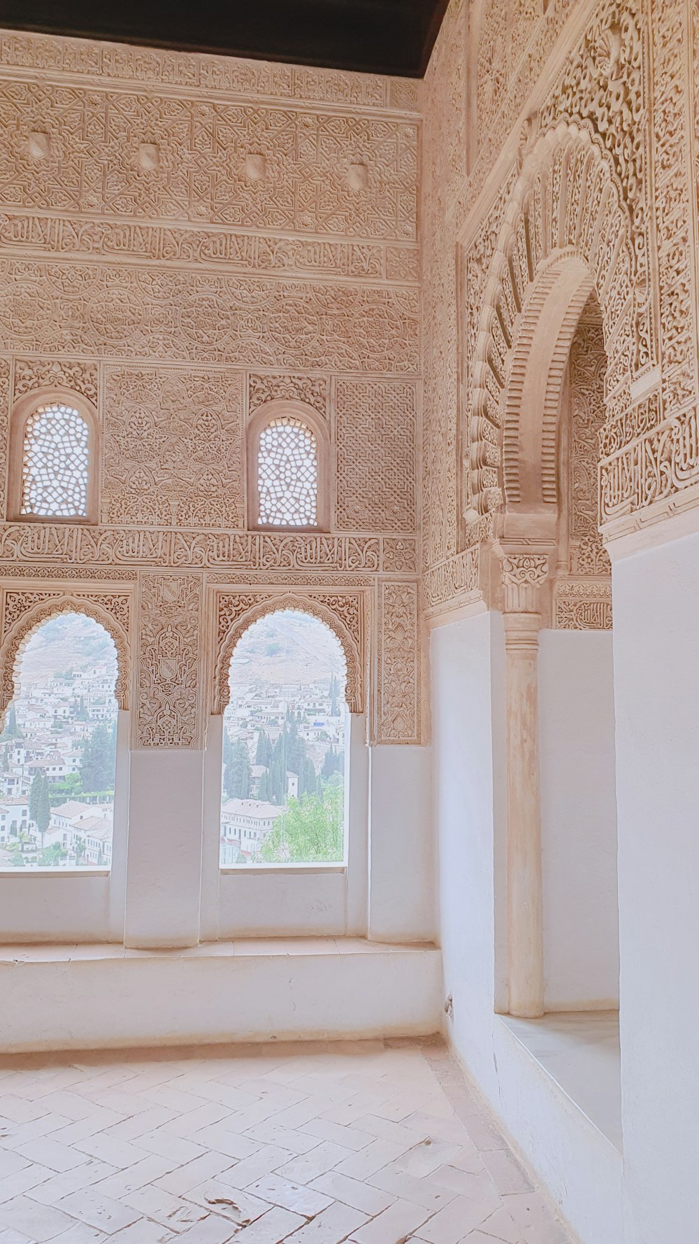 a view of a building from inside a room