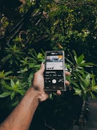 A hand holding a smartphone displaying a music player interface, surrounded by lush green leaves and branches in a natural setting. The screen shows a song title and music controls.