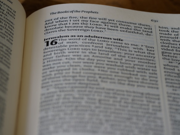 An open book lies on a flat surface. The visible text is from a religious scripture, specifically the section titled 'The Books of the Prophets.' The passage highlights a verse regarding Jerusalem, discussing themes of faithfulness and divine judgment.