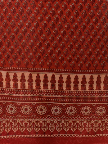 Hand-block printed fabric displaying classic Indian motifs in rich, earthy tones.