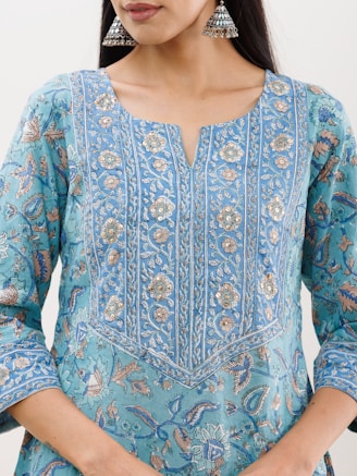 Close-up of delicate threadwork on a pastel-colored traditional kurta.