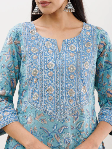 A close-up of a finely embroidered traditional kurta blending rich heritage patterns with sleek modern cuts.