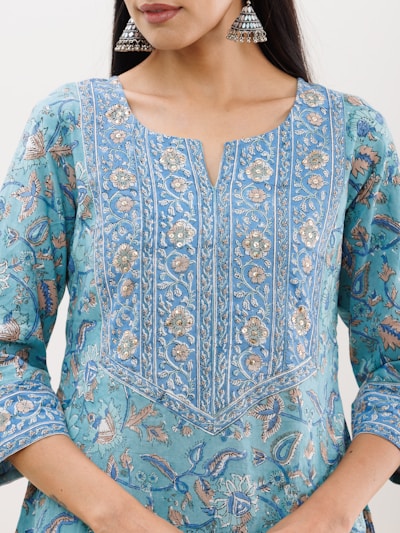 Close-up of detailed threadwork on a pastel-colored kurta fabric highlighting traditional craftsmanship.