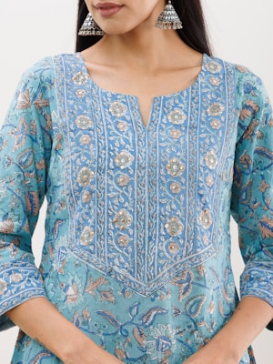 A detailed close-up of a person wearing a traditional blue kurta adorned with intricate floral and paisley embroidery. The fabric showcases a variety of patterns and textures, highlighting a cultural and artistic design. The person is also wearing large silver earrings, adding to the traditional look.