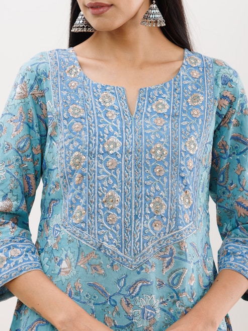 A detailed close-up of a person wearing a traditional blue kurta adorned with intricate floral and paisley embroidery. The fabric showcases a variety of patterns and textures, highlighting a cultural and artistic design. The person is also wearing large silver earrings, adding to the traditional look.