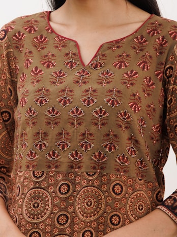 Intricate and vibrant textile design featuring an olive green background with red and cream floral and geometric patterns. The fabric includes small embroidered floral motifs and circular designs, creating a rich, detailed texture. The neckline has a subtle V-shape, bordered with red stitching.