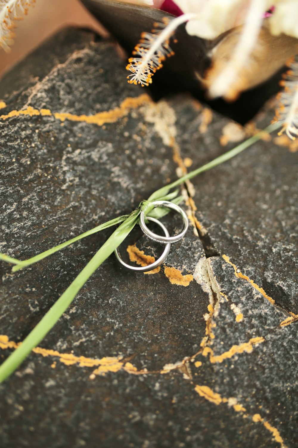 a couple of rings sitting on top of a rock