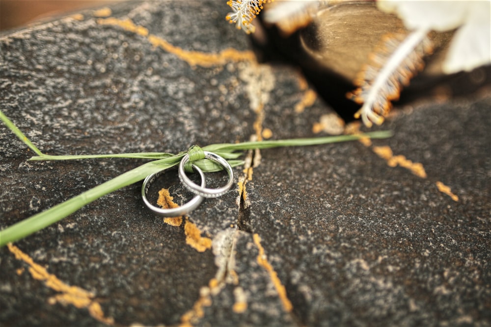 a couple of silver rings sitting on top of a rock