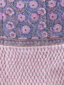 A richly patterned textile featuring elaborate floral designs with large pink flowers against a deep blue background on the upper section. The lower section showcases a repeating pattern of small, stylized pink and red motifs on a white background, resembling teardrops or leaves. The border is ornate with intricate detailing enhancing the overall design.