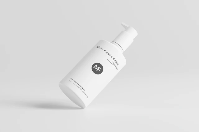 A white bottle of lotion on a white background.