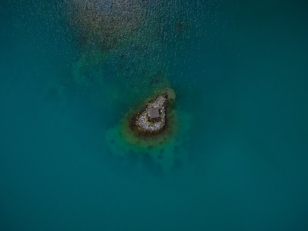 an aerial view of a body of water with a rock in the middle