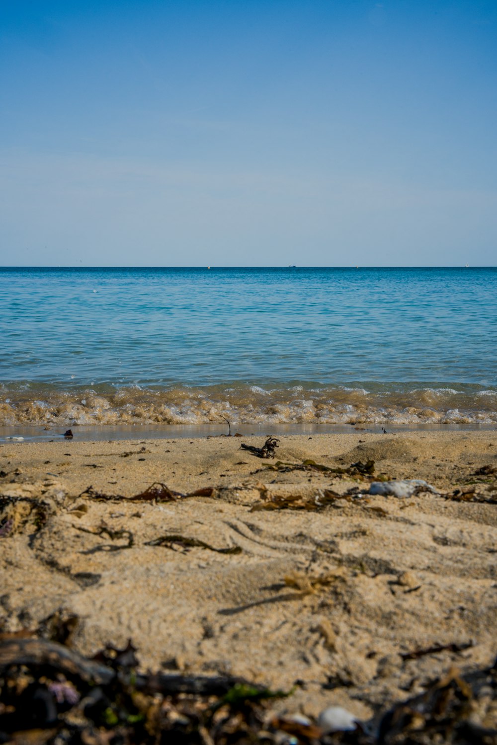 a view of the ocean from a sandy beach