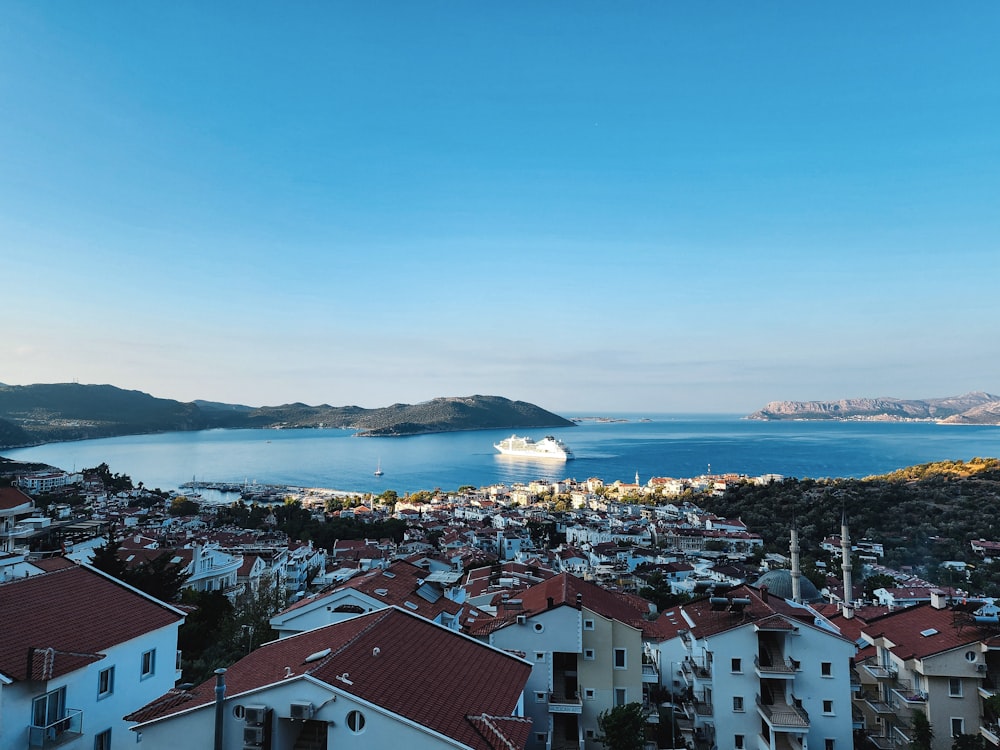 a view of a city with a cruise ship in the distance