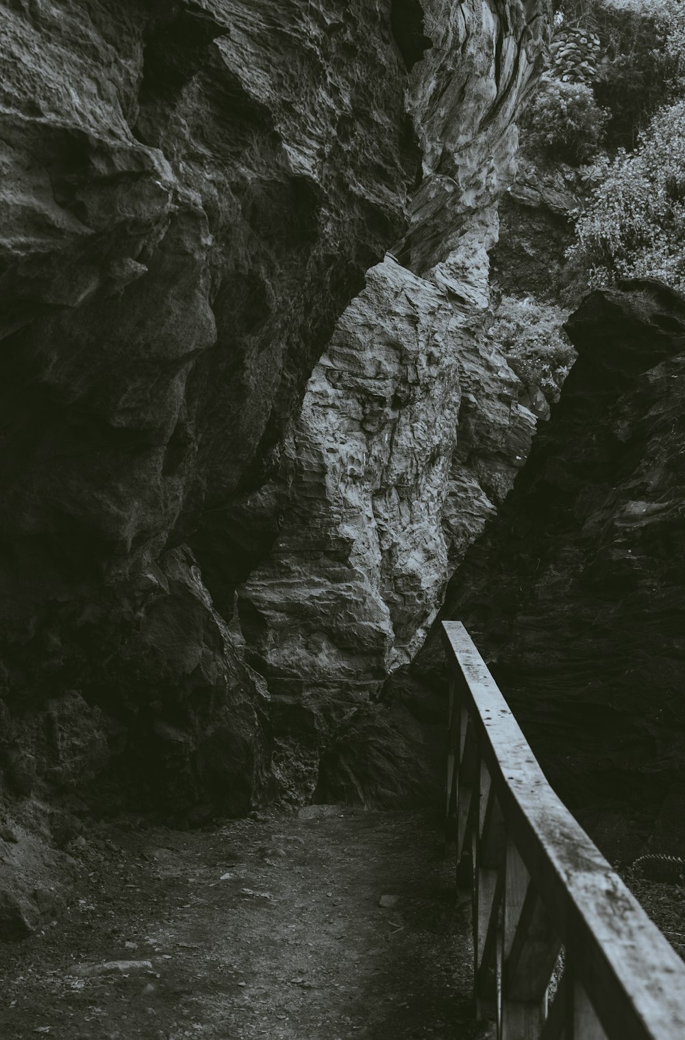 a black and white photo of a narrow path