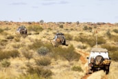 A rugged landscape featuring a dirt trail leading through a vast desert area, with three off-road vehicles traveling in a convoy. Sparse vegetation covers the arid terrain, and the sky is clear with a few clouds. Each vehicle carries camping gear, highlighting the adventurous nature of the journey.