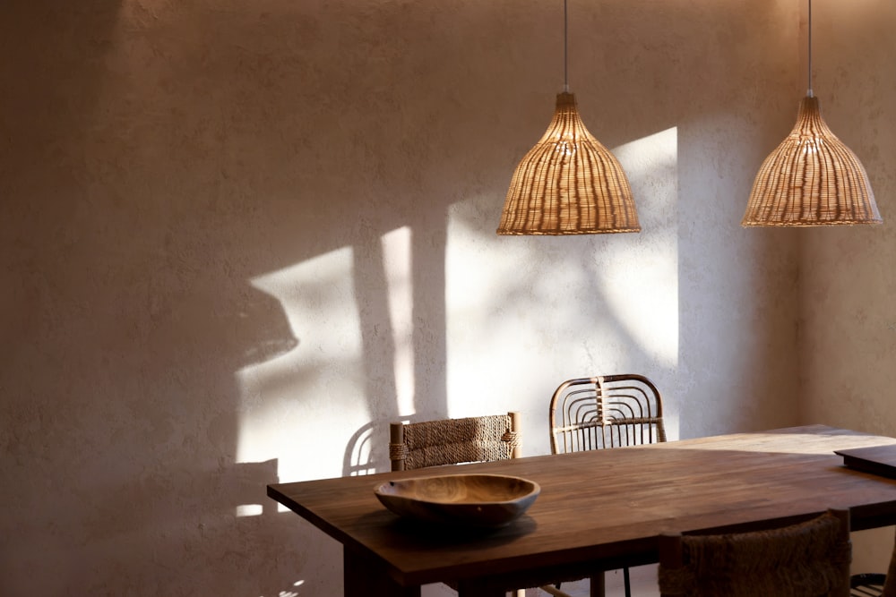 a dining room table with a bowl on it