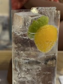 A clear glass filled with ice cubes, bubbly sparkling water, a slice of lemon, and a mint leaf sits on a surface. The background is softly blurred, suggesting a relaxed setting.