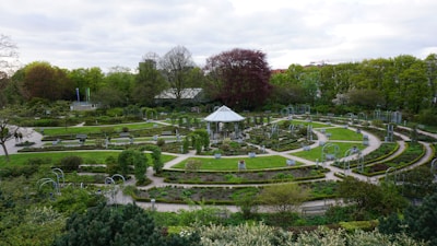 A peaceful garden area with pathways and benches for relaxation.
