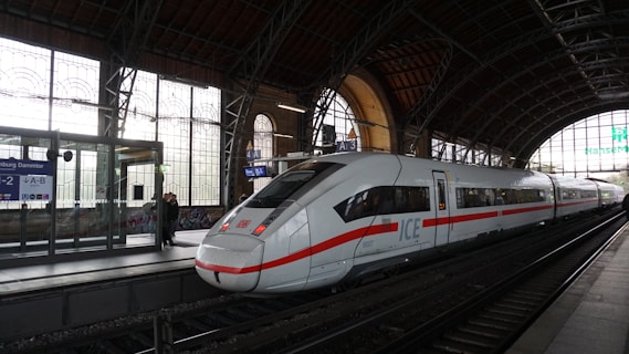 A modern high-speed train is stationed at a train platform inside a spacious railway station with high arched windows. The station is dimly lit, with a blend of natural light filtering through the glass. A few people are visible on the platform, and signage indicates the location as Hamburg Dammtor.