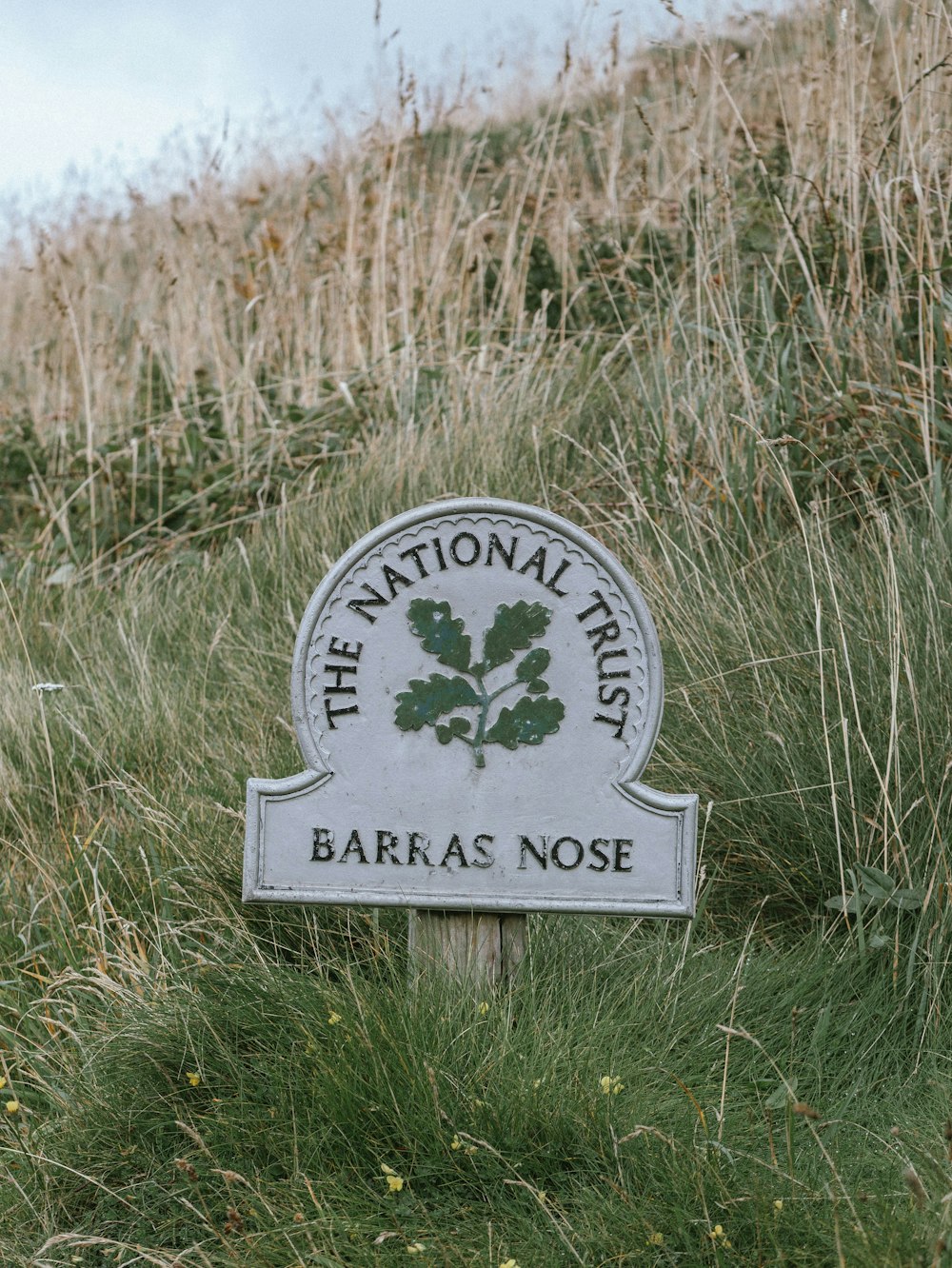 a sign that is in the grass near a hill