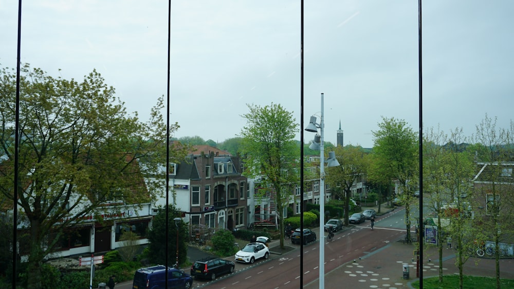 a view of a city street from a window