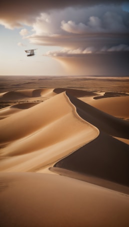 An expansive desert landscape with undulating sand dunes stretching into the distance. A dramatic sky overhead features thick, swirling clouds with sunlight peeking through, illuminating parts of the sand. A small biplane flies above the desert, adding a sense of scale and adventure.