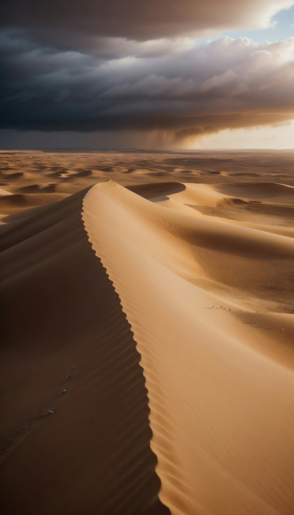 a large sand dune in the desert under a cloudy sky